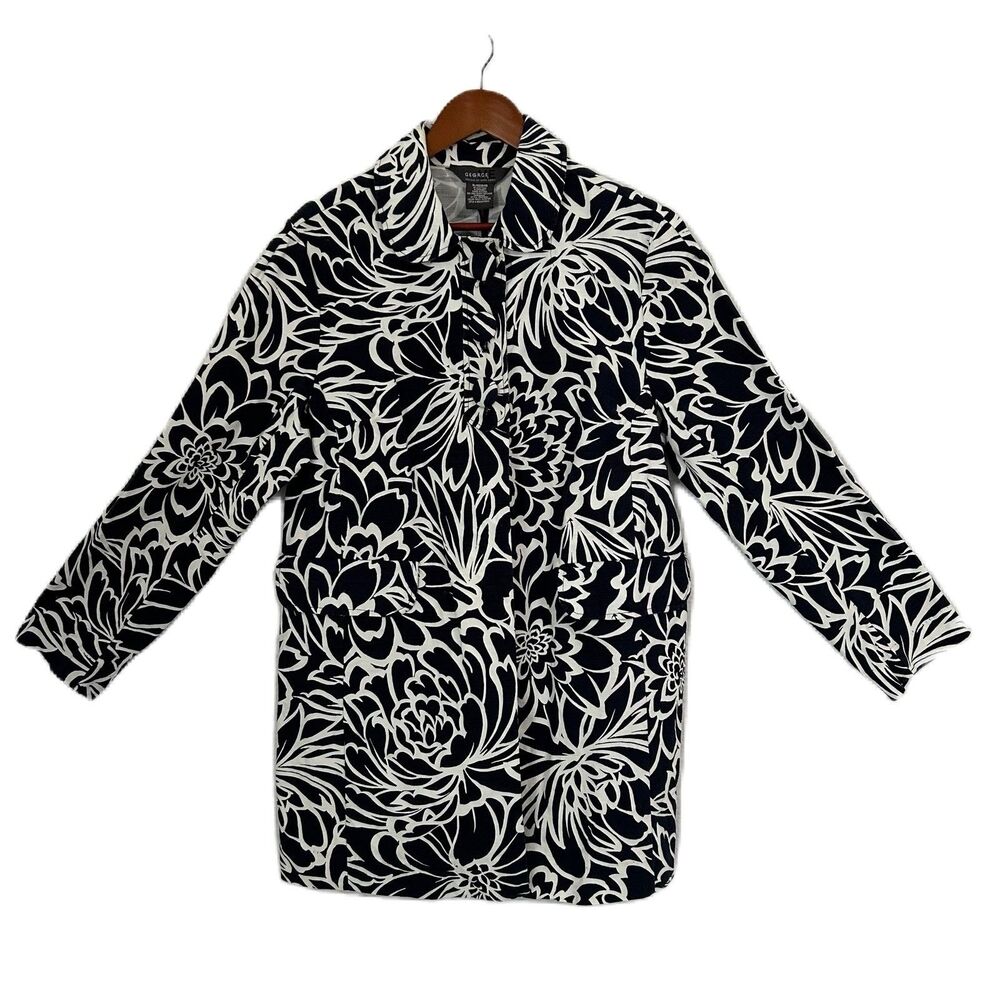 George ME Jacket Women XL Navy White Floral Long Pocket Coastal Grandma Vintage